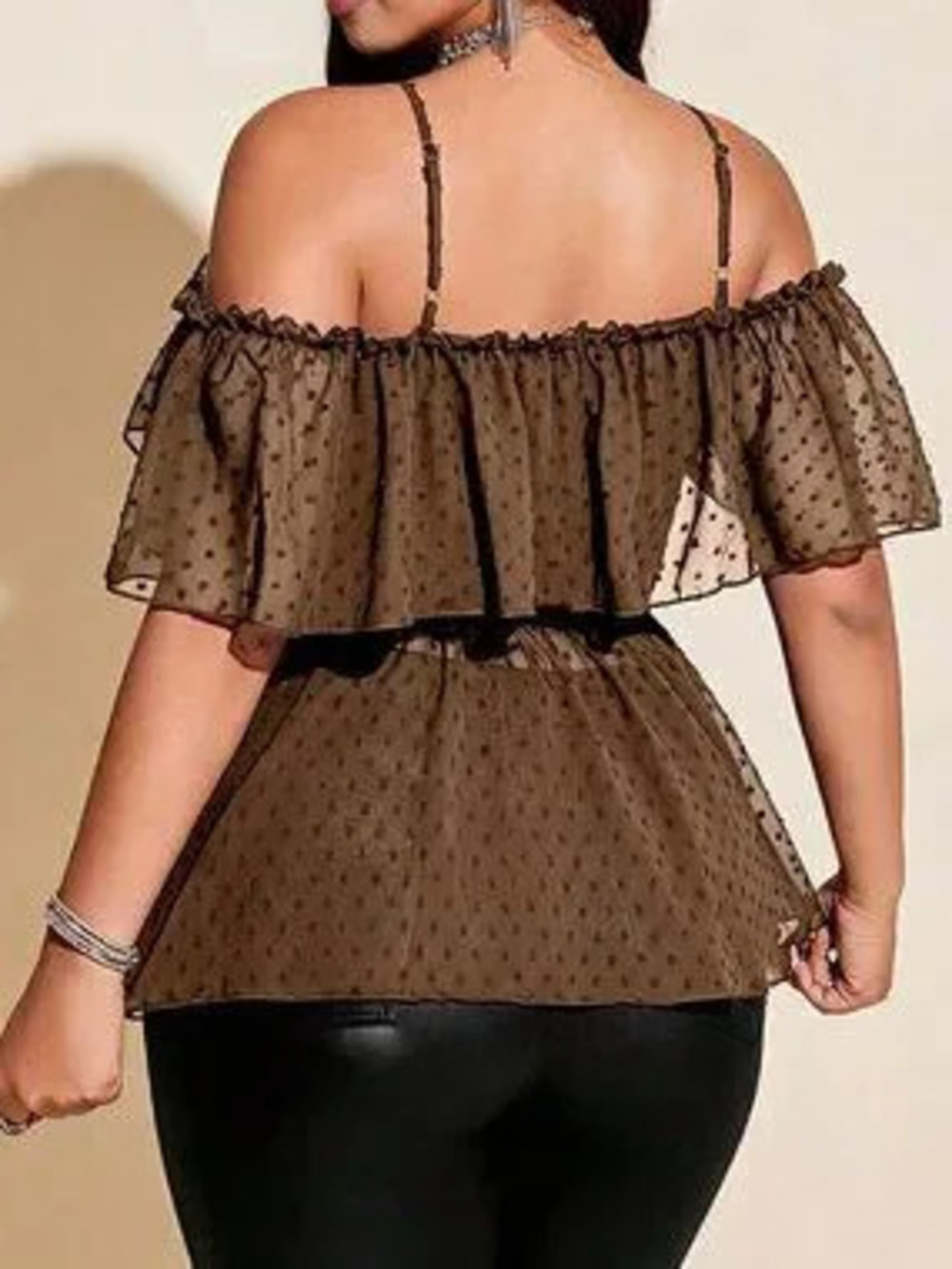 Brown Casual Women's Plus Size Sexy Off-Shoulder Backless Ruffle Trim Blouse